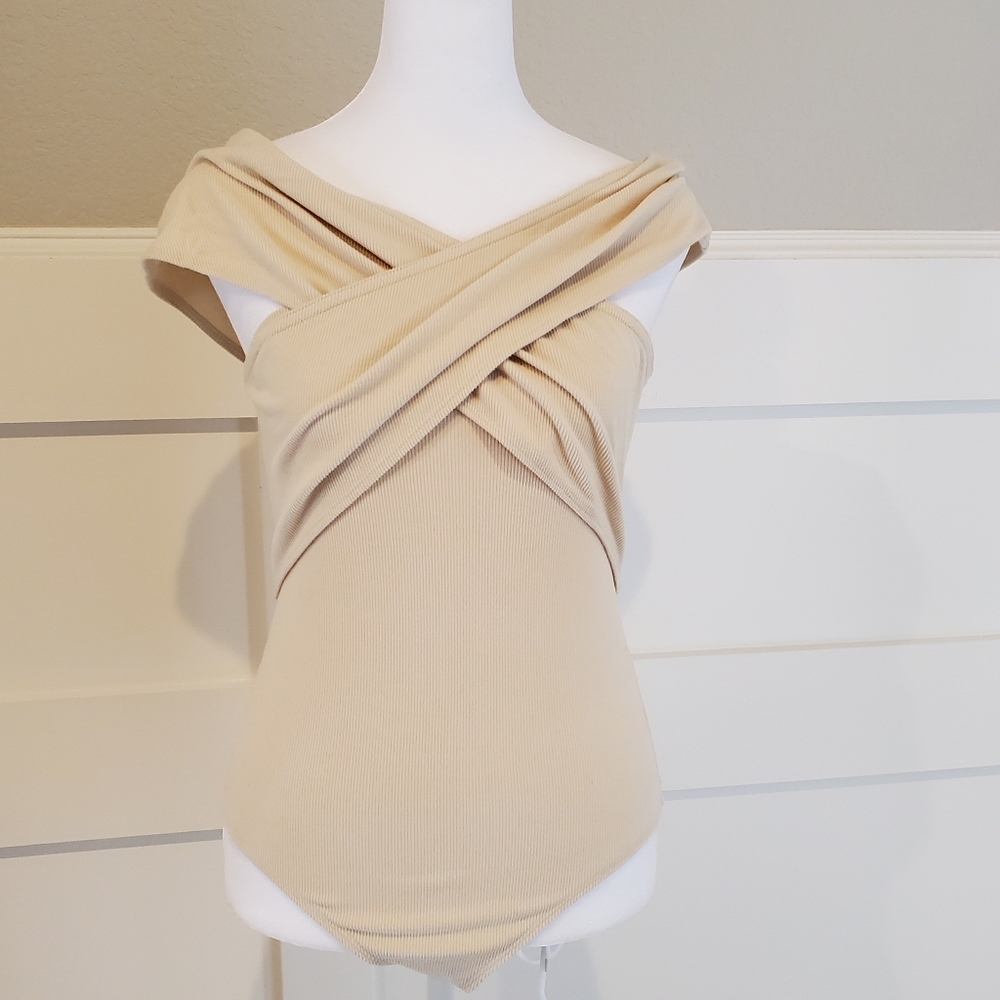 4th Reckless Ribbed Jersey Bodysuit, Off Shoulder, Crossover, Cream, Small, NWT